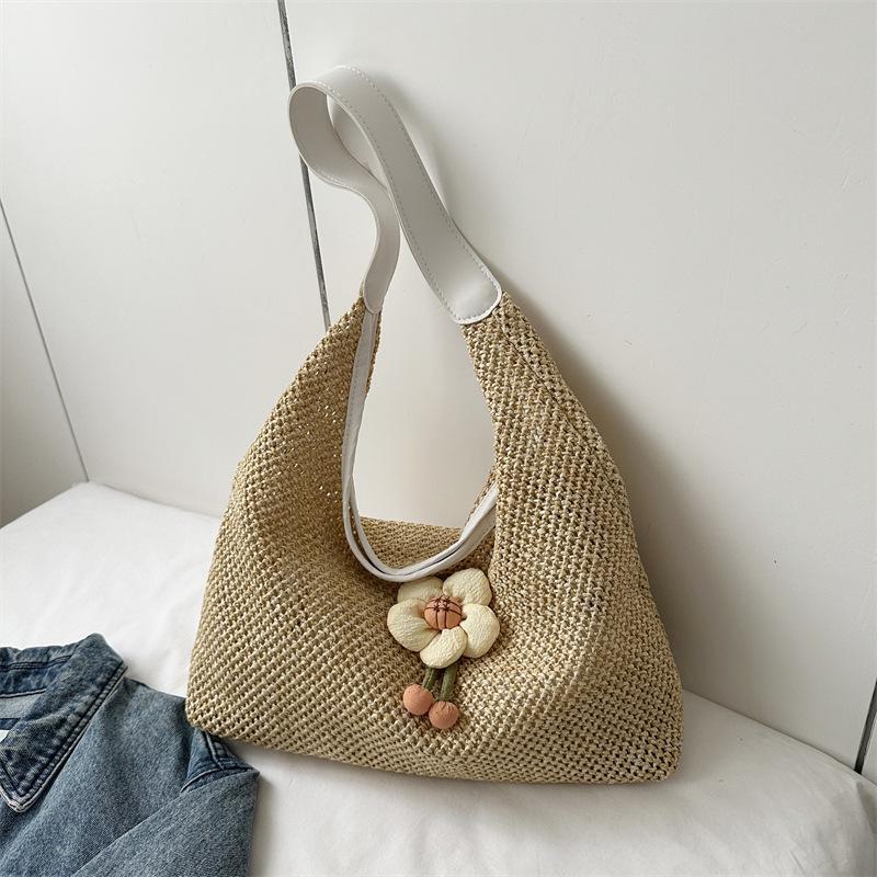 2024 Летняя цветочная плетеная сумка через плечо: Большая вместимость, элегантная сумка-тоут для женщин