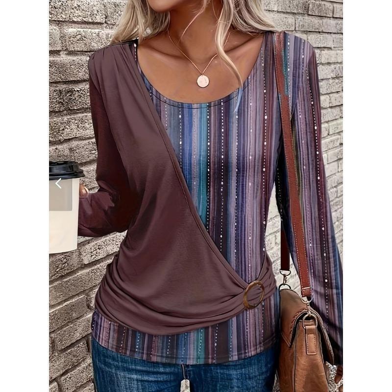 Женская весенне-осенняя новая однотонная повседневная футболка с круглым вырезом и длинными рукавами и принтом