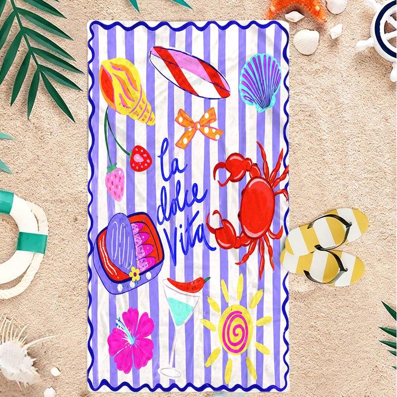 1Pc Wave Trim Colorful Graffiti Beach Towel with Surfboard Seafood Sun Print Large Absorbent Beach Towel
