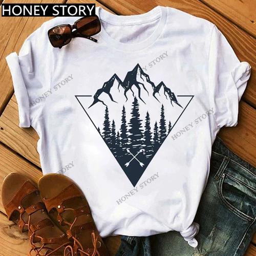 Mountain Print T-shirt Casual Harajuku T-shirt Beautiful Mountain Print Men's and Women's Trend Short Sleeve Summer polyester