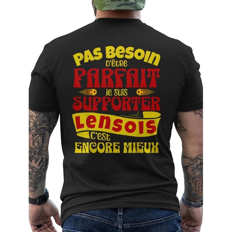 Men'S Lens Football Fan T-Shirt- French Lens Supporter Graphic Back Print With "Lens" Lettering& Fleur-De-Lis Design, Black With Yellow& Red Team