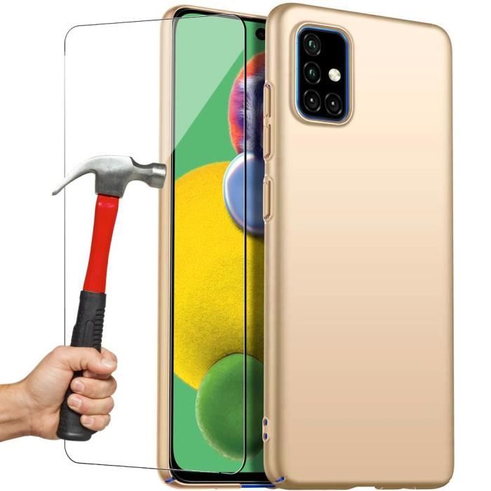 Coque - BOOLING - pour Samsung A51 - Silicone Liquide - Protection Antichoc - Dorée - avec 2 Verres Trempés