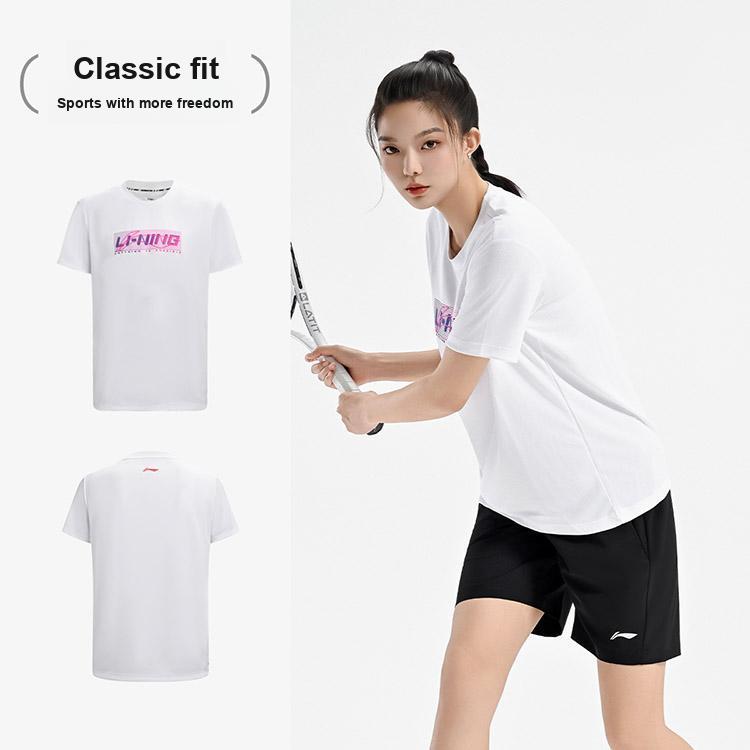 Li Ning Серия Бадминтон Креативный Логотип Классическая Дышащая Активная Мода Повседневная Спортивная Футболка с Коротким Рукавом Унисекс Топы Белый ATSV627-2