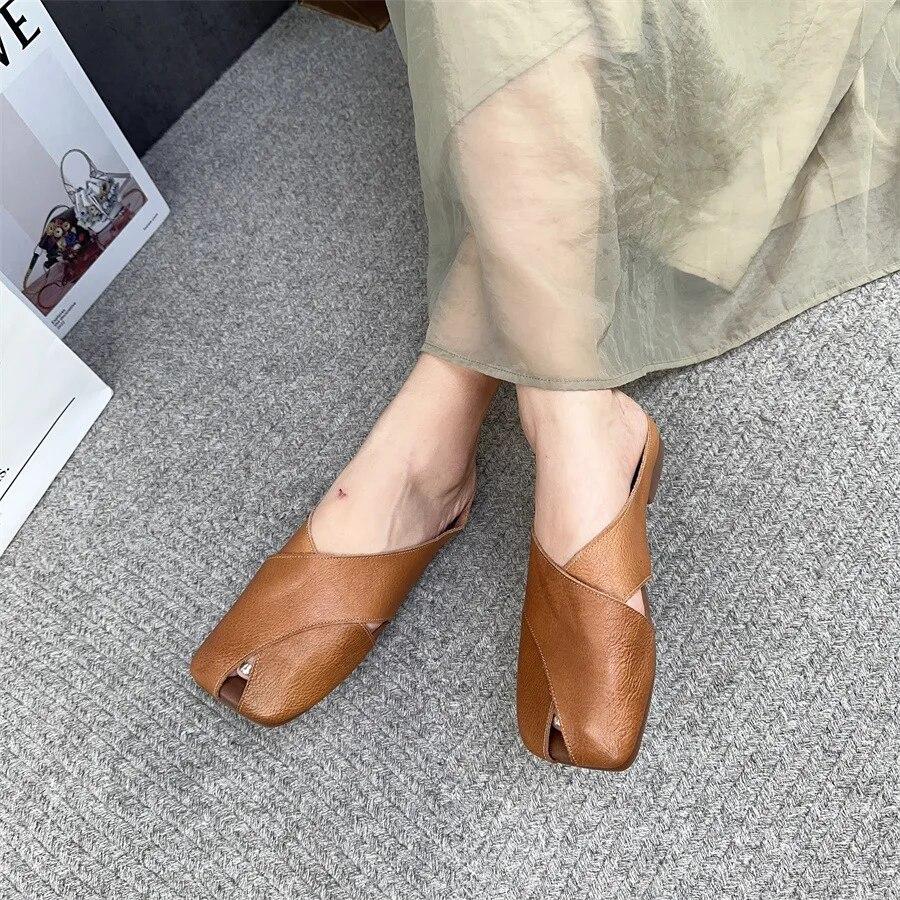 Johnature Тапочки из натуральной кожи с квадратным носком и открытым носком. Женская обувь. Повседневные шлепанцы на открытом воздухе. Удобные тапочки на плоской подошве.