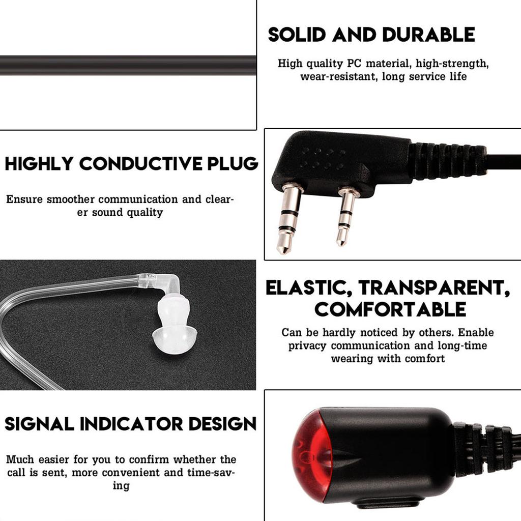 2 Pin   Acoustic Tube Earphone, Tube Earphone with 360 degrees  Rotating Clips and PTT Microphone, Red Light for Two Way Radio Wakie Talkie