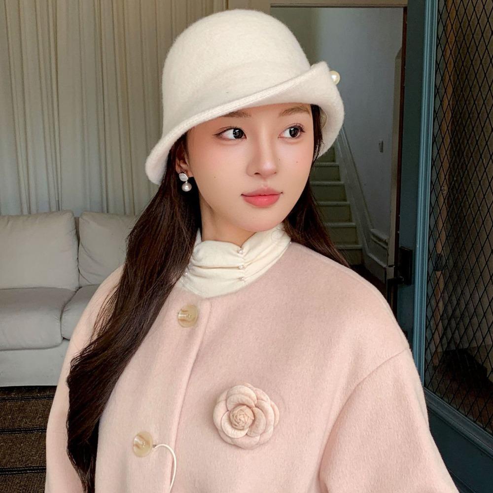 Pearl Wool Blend Fedoras Hat Curled Brim Women Formal Hat British Style Wool Fisherman Hat Outdoor