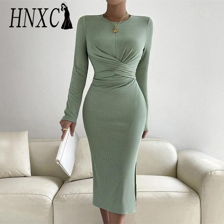 HNXC женские модные летние весенние однотонные повседневные платья с длинным рукавом и круглым вырезом с высокой талией и принтом