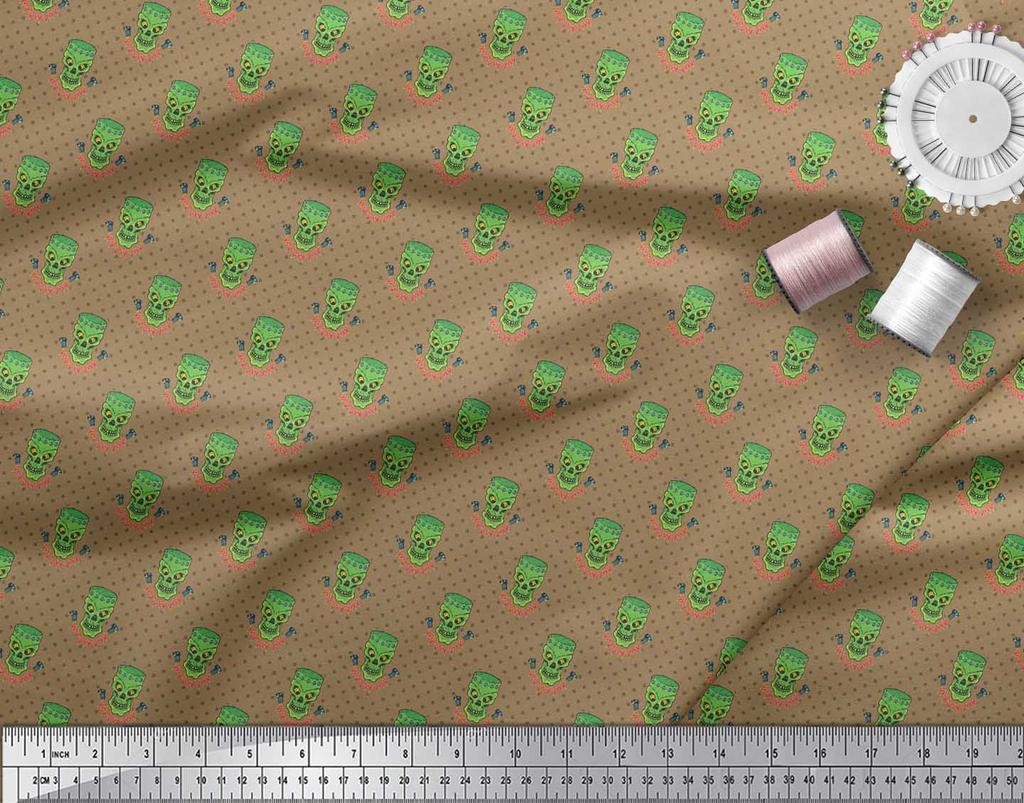Soimoi Green Japan Crepe Satin Fabric Dot & Skull Decor Fabric Printed metre 42 Inch