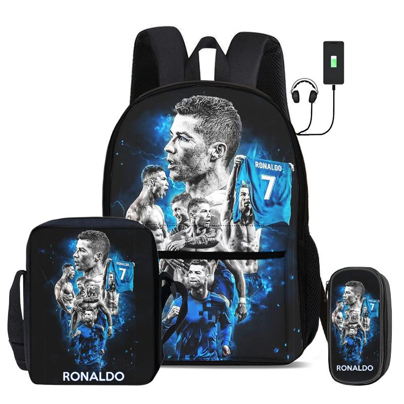 Набор из 3 предметов Ronaldo Школьные сумки Рюкзак с USB-интерфейсом CR Футбольная звезда Сумка через плечо Футбольные спортивные Пенал Дети Рюкзак