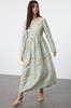 Women's Style Hijab Dress Mint Floral Linen Look Woven Dress