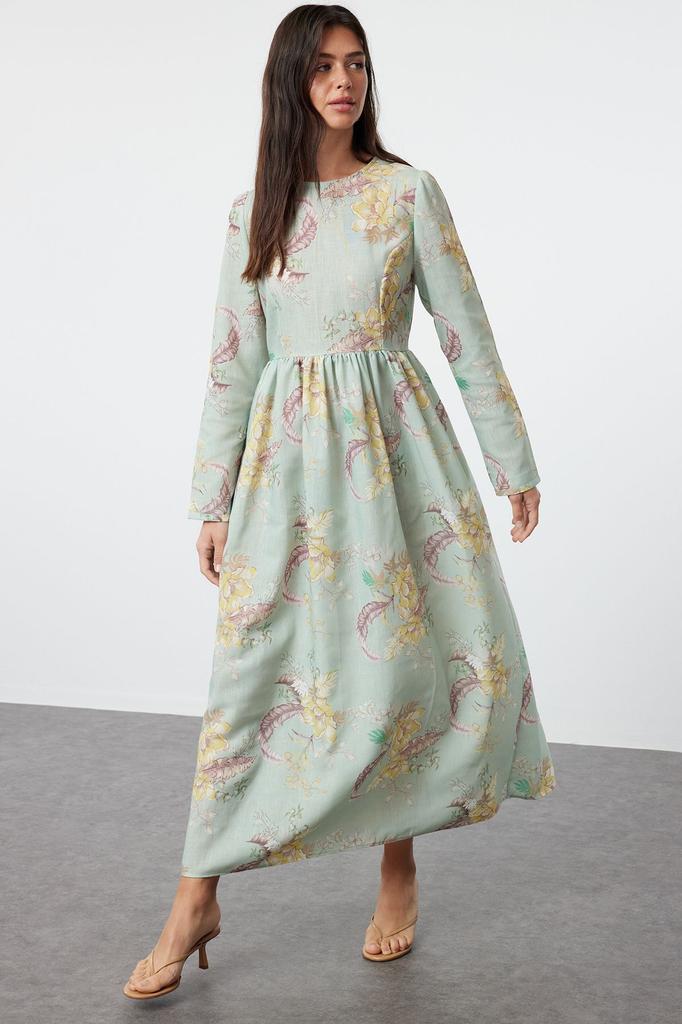 Women's Style Hijab Dress Mint Floral Linen Look Woven Dress