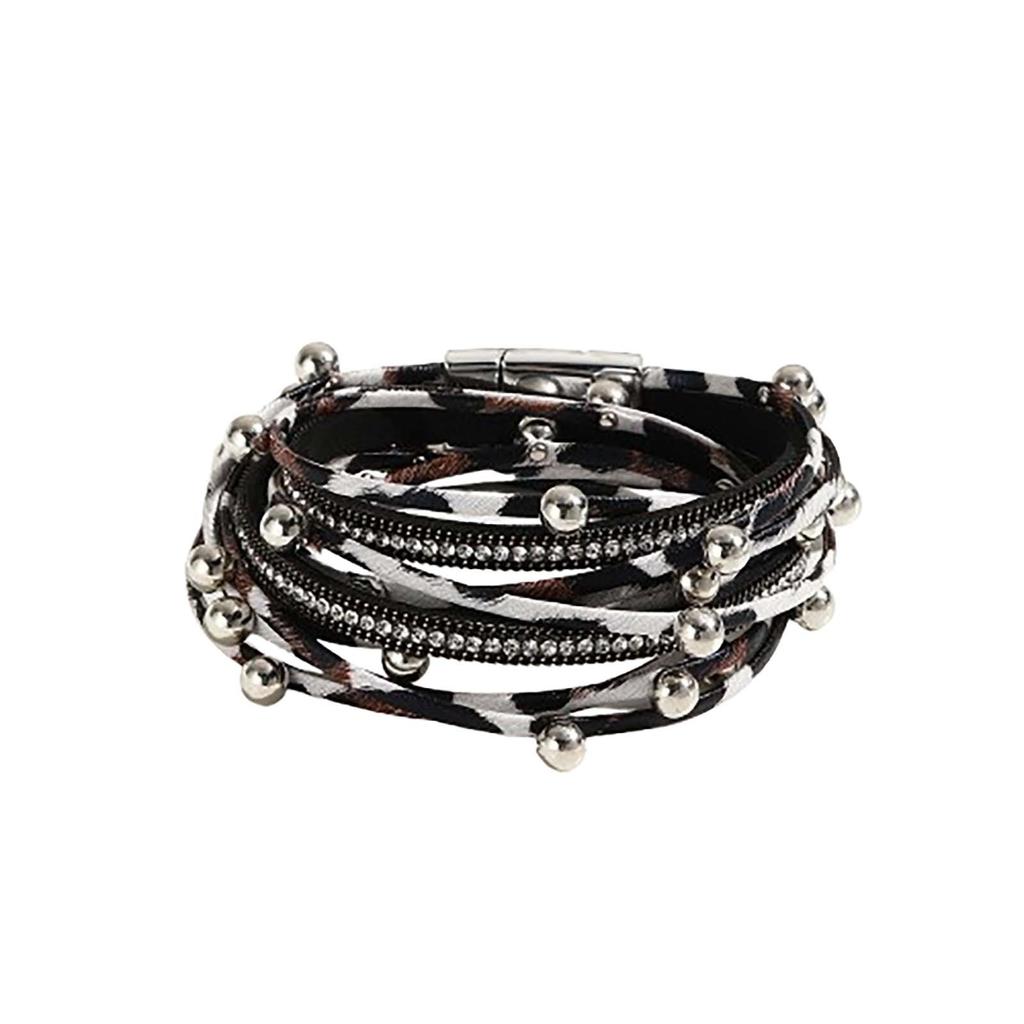 Двухкруговой кожаный браслет с бусинами, многослойный кожаный браслет, модный женский браслет с магнитной застежкой и бриллиантами, ювелирные изделия