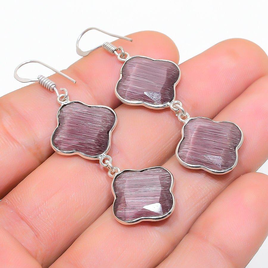 Purple Monalisa Gemstone Handmade 925 Sterling Silver Jewelry Earring 2.36" GK-7244