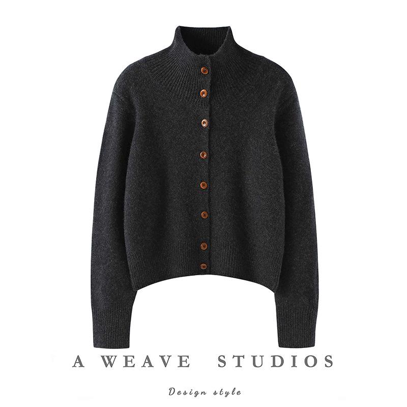 Women's Three-Ply Thickened Cashmere Knit Cardigan: Loose, Slimming, Half-High Collar Single-Breasted Outerwear for Autumn and Winter