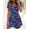 Летняя мода женские V-образный вырез короткий рукав любовь узор печатное платье сексуальные короткие юбки платья
