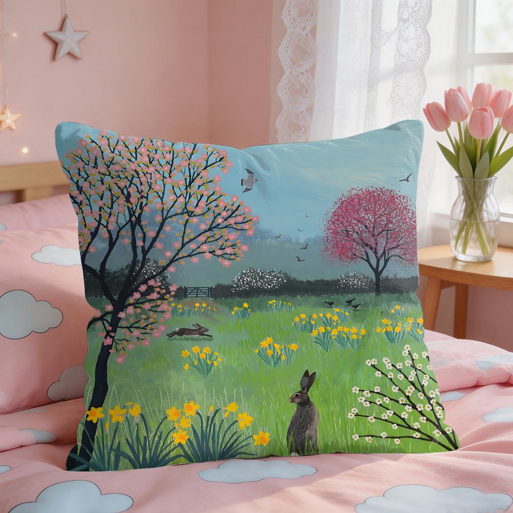 Retro Springtime Village Plants Cushion Cover Square Short Plush Pillow Case Living Room Sofa Home Decor Funda X