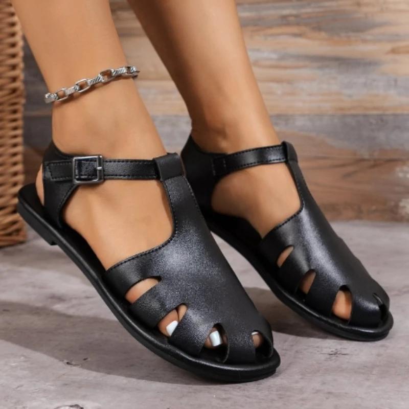 Распродажа женской обуви 2024 года, женские сандалии с закрытым носком, летние повседневные сандалии, женские туфли на плоской подошве с полой пряжкой и ремешком для отдыха на открытом воздухе для женщин