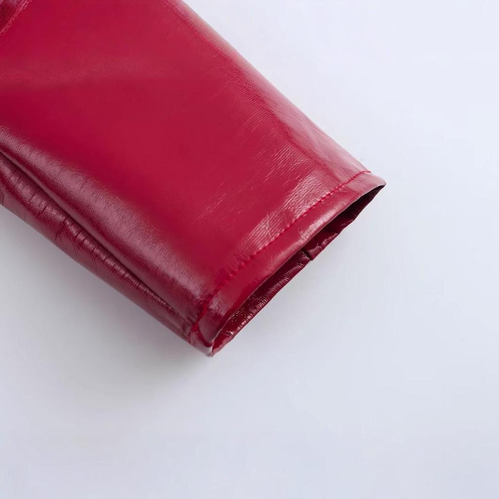 2025 Весенняя женская красная глянцевая кожаная куртка с лацканами – Европейский и американский стиль