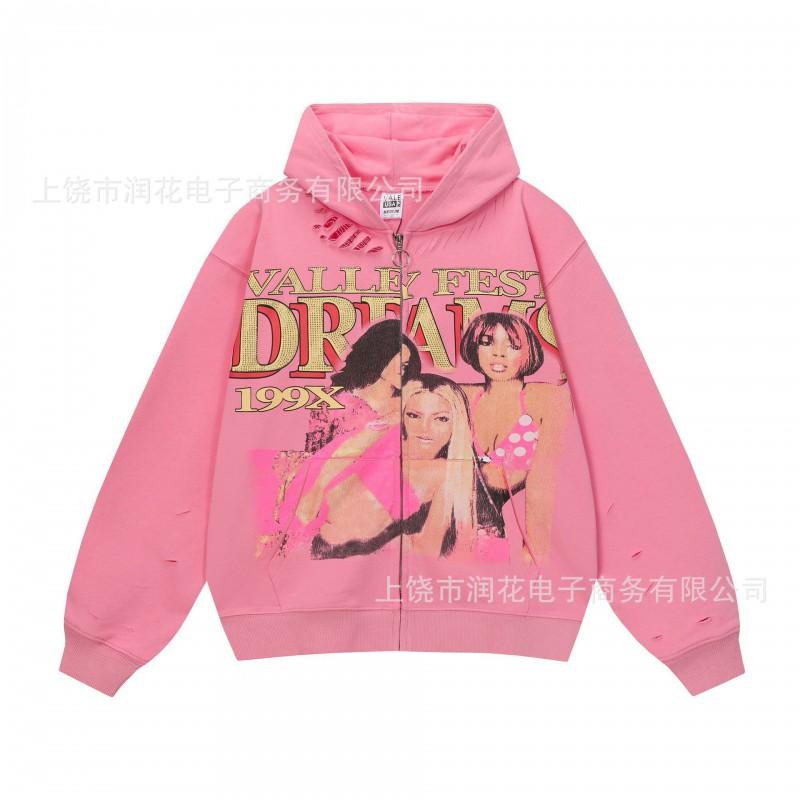 American Vintage 3D Print Hooded Zip Up Sweatshirt Loose Fit Streetwear Couple Top