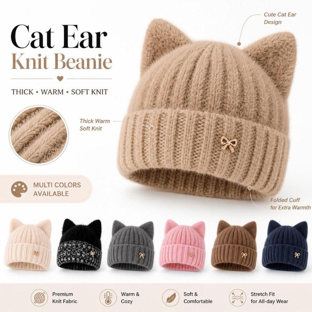 Knitted Yarn Cat Ear Beanie Cat Ear Shape Knitted Cat Hat New Knit Beanie Women's Winter Hat