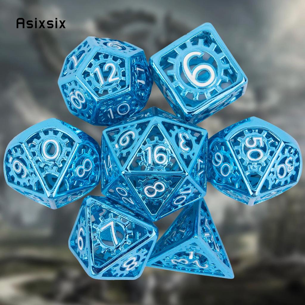 7 Pcs Blue White Gear Wheel Metal Dice Hollow Metal Polyhedral Dice Set Suitable for Role-Playing RPG Board Game Card Game