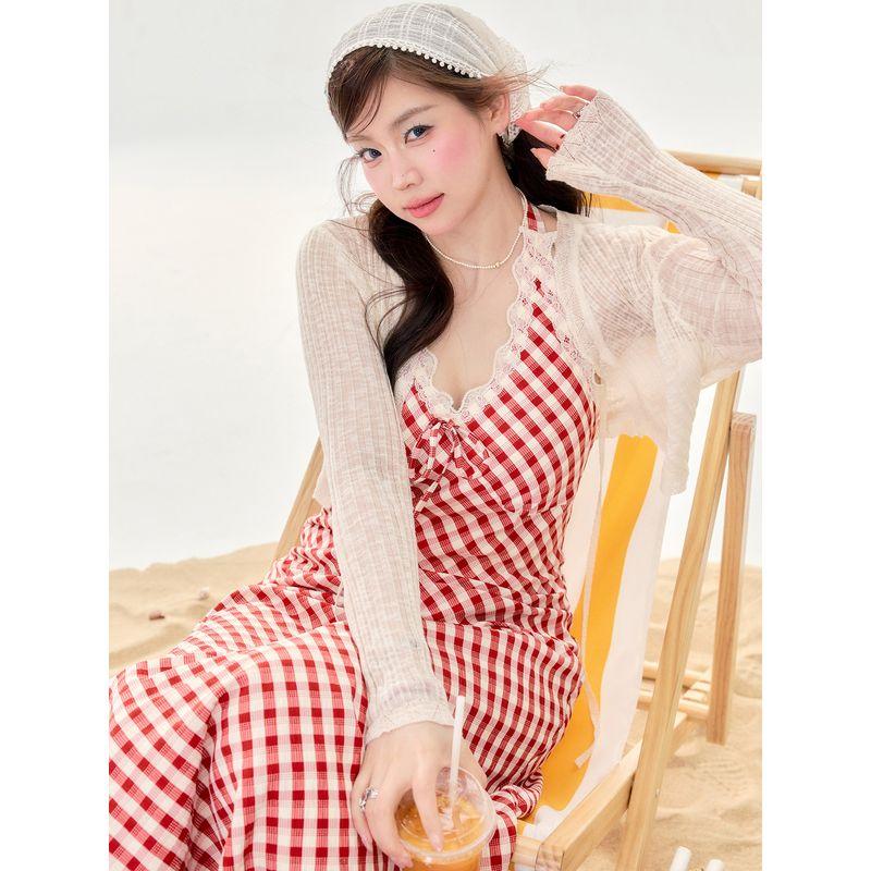Zhang Daren's Summer Plus-Size Women's Clothing for Chubby Girls, Slimming Dress, French-Style Chic Vacation Style Plaid Halter Dress