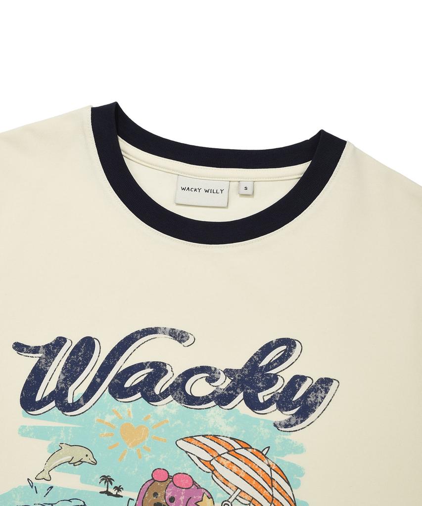 WACKY WILLY Women'S Summer Graphic Ringer Semi-Over Short Sleeve T-Shirt Cream