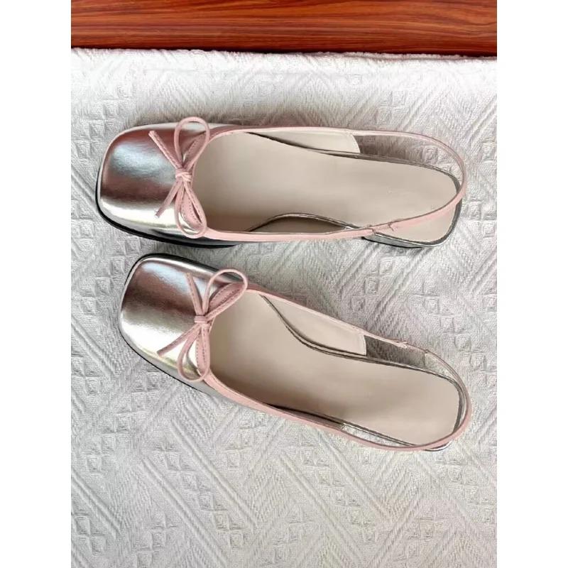 2024 Summer Women's Flats Sliver Boat Shoes Square Toe Slip On Flat Shoes for Woman Ballet Flats Comfortable Bow Women's Sandals