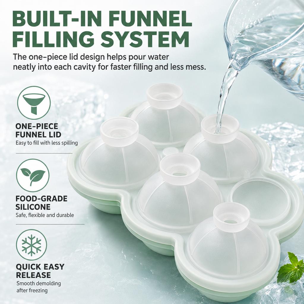 Large Round Ice Cube Maker 6 Hole Silicone Sphere Ice Tray With Attached Funnel Lid For Whiskey Bourbon Home Bar
