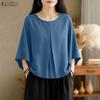 Женская повседневная однотонная блузка с круглым вырезом и рукавом 3/4
