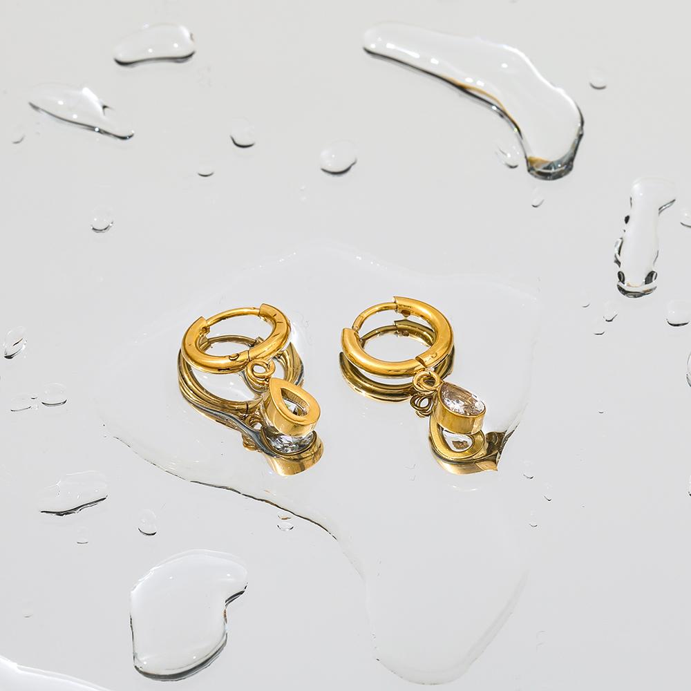 FANKE High End PVD 18K Gold Plated Dainty Mini Water Drop Zirconia Pendant Huggie Earrings Stainless Steel Jewelry