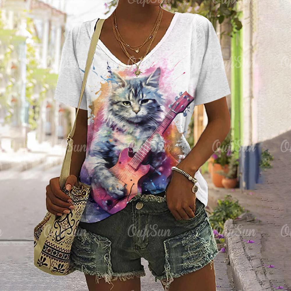 2024 New Women T-Shirt Rockin' Cat Print Top Plus Size Summer Women's Trending Clothing Fashion Short Sleeve Shirt Crew Tee