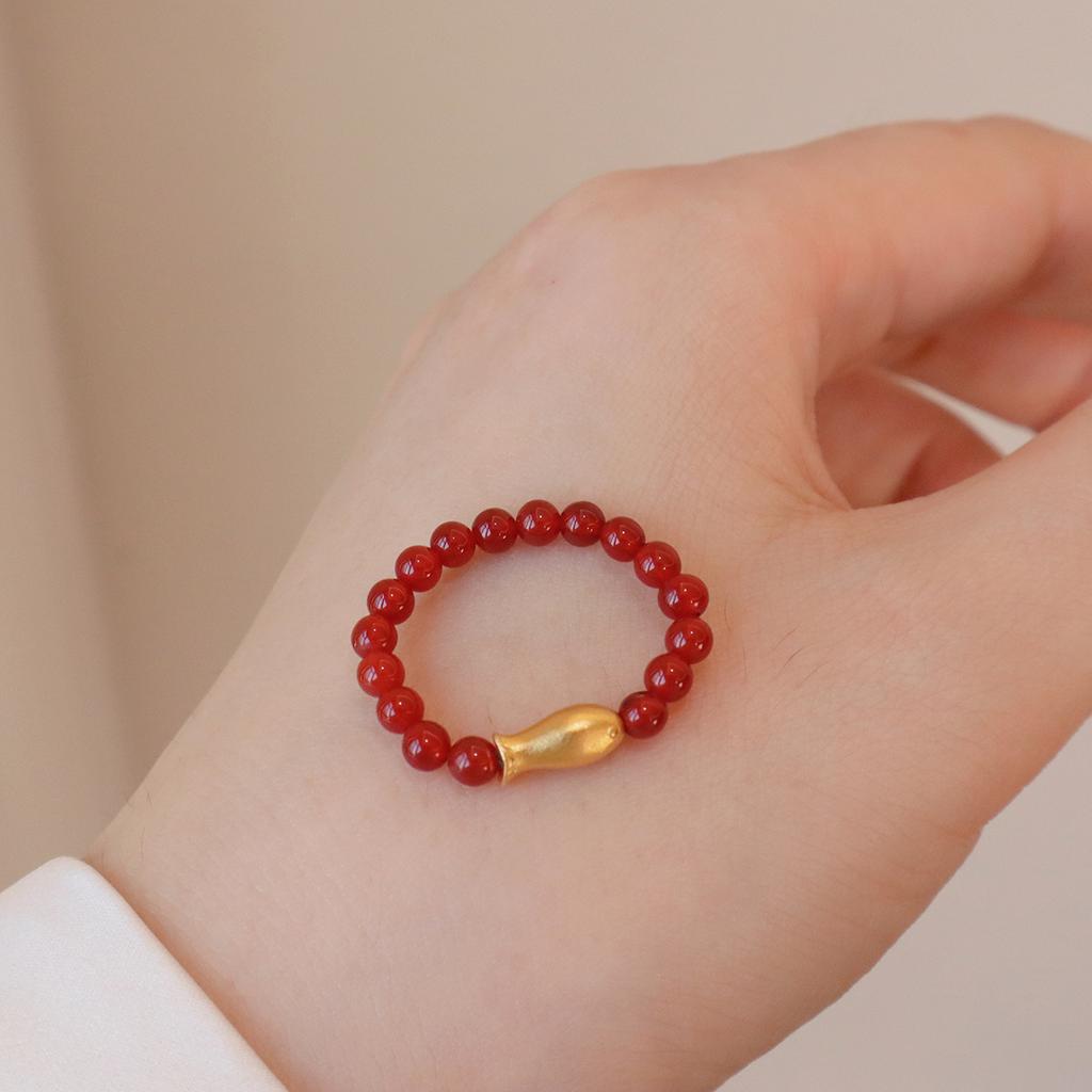 Natural Agate Ring Garnet Bead Sun Stone Elastic Rope Ring New Chinese Gourd Koi Ring Fashion Women Daily Jewelry Lucky Gift