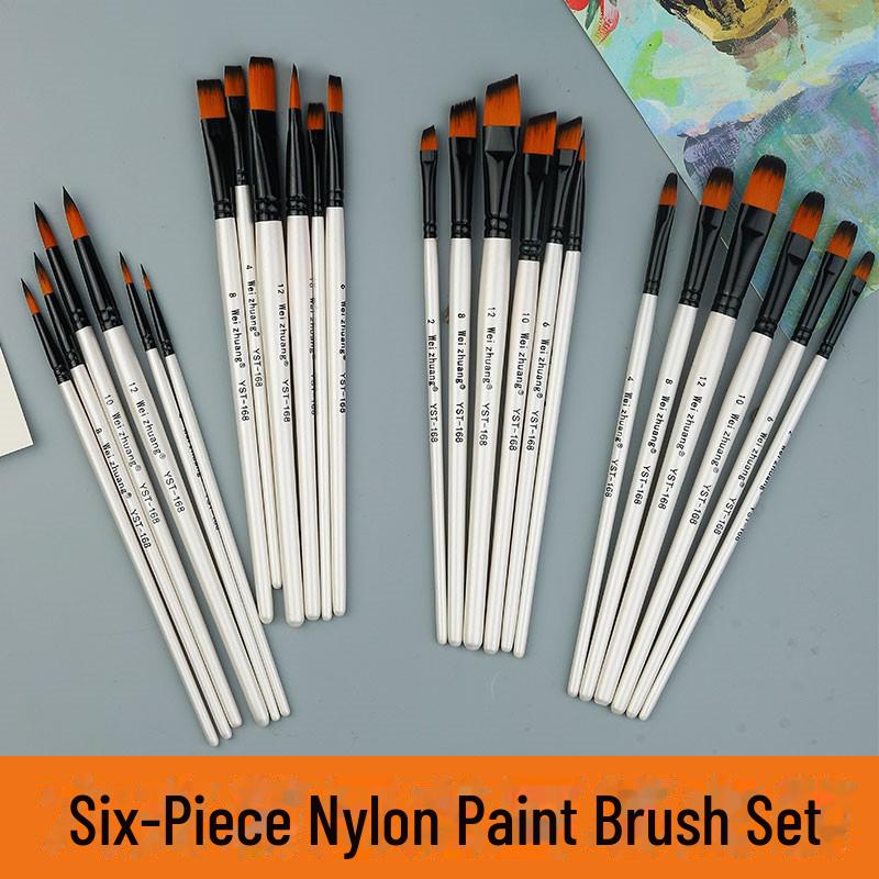 Set of 6 Cross-border Nylon Hair Oil Painting Brushes with Multiple Heads, Pearlescent White Handle, Ideal for Watercolor and Acrylic Art