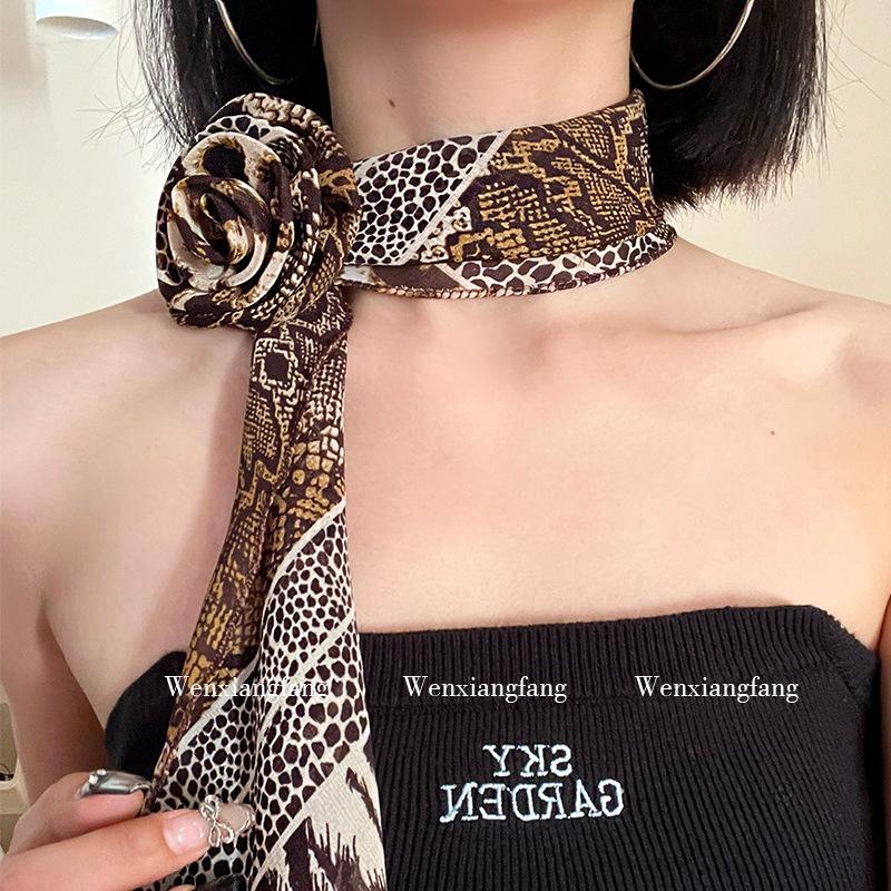 Elegant Leopard Print Silk Scarf Women DIY Tie Method Luxury Print Detachable Flower Headscarf Girls Fashion Ribbon Rose Scarf