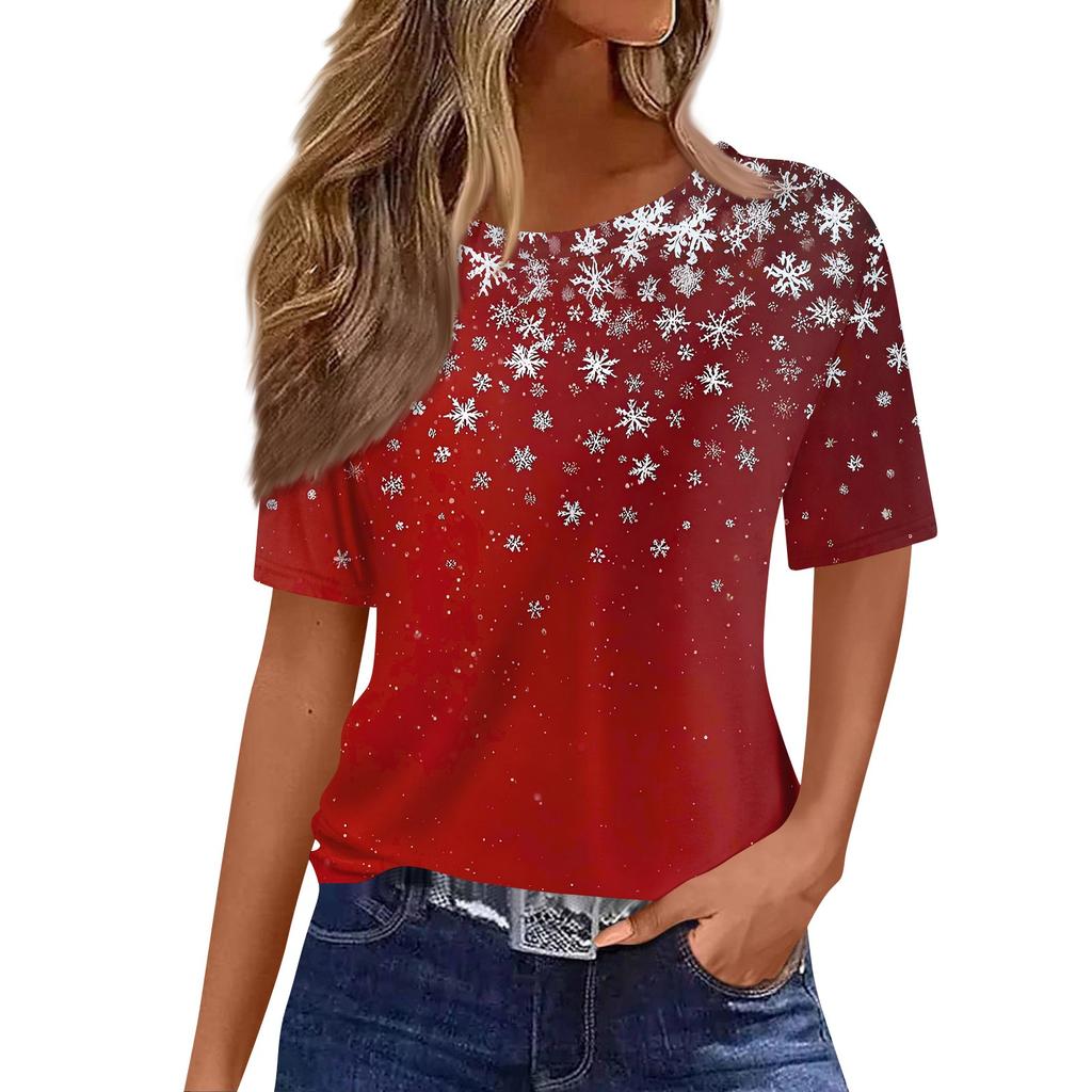 Women's Fashionable Casual Short Sleeve Christmas Print Round Neck Pullover Top