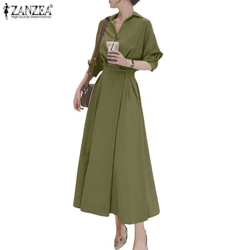 ZANZEA Women Turn Down Collar Loose Casual 3/4 Sleeve Long Dress