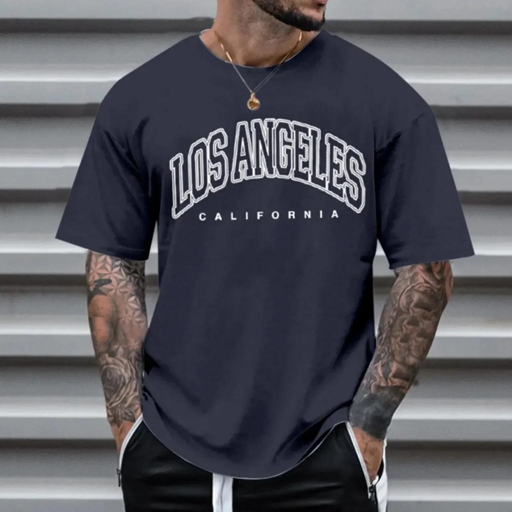 Los Angeles Letter Print T-shirts Cotton Men Clothes Vintage Sports Short Sleeve T Shirt Summer Fitness Loose Plus Size Shirts