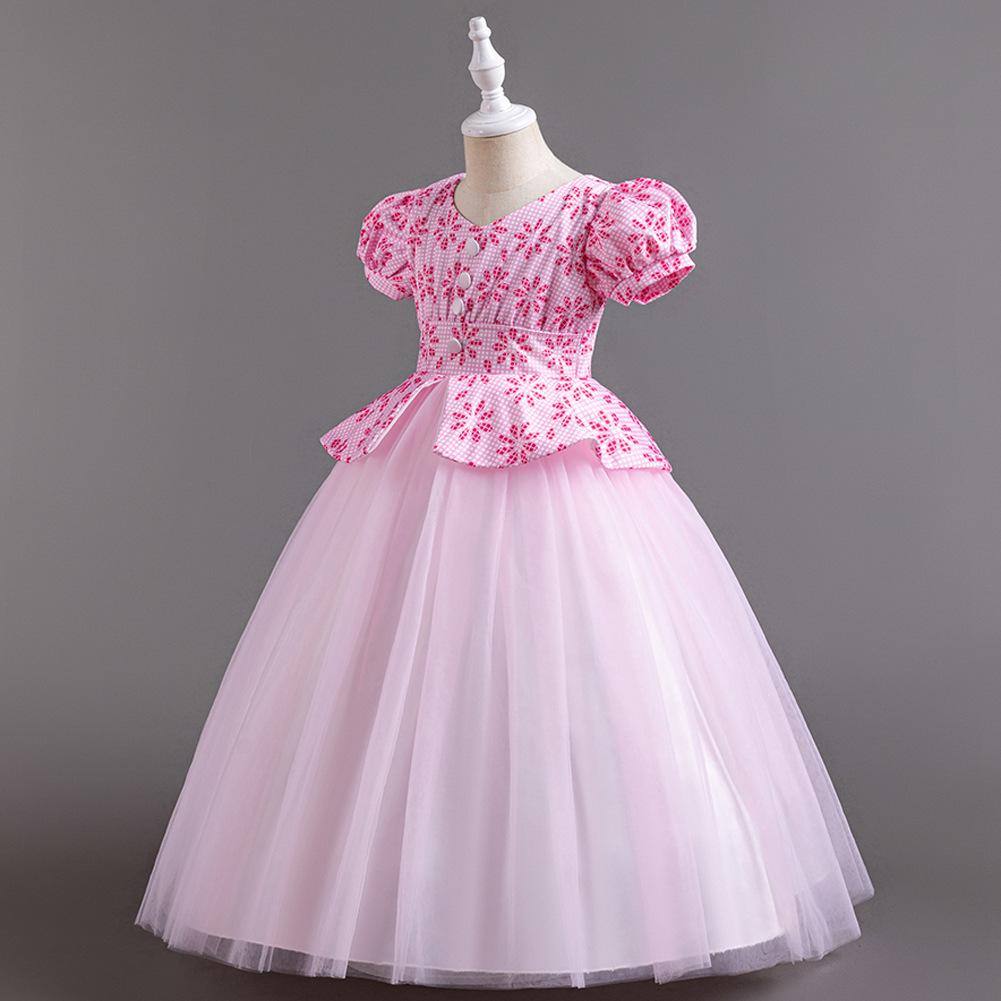 Children's Princess Dresses Thousand Birdie Patchwork Mesh Puffy Long Bubble Sleeve Girls' Stage Performance Dresses Girl's Favourite Dress