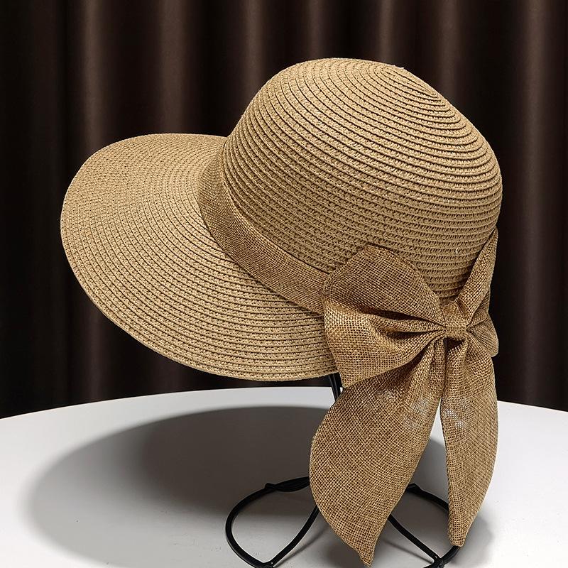 Straw Hat Women's Summer Sunshade Seaside Beach Hat Sunscreen Bow Dome Hat Pastoral Tide Big Edge Dome Basin Hat