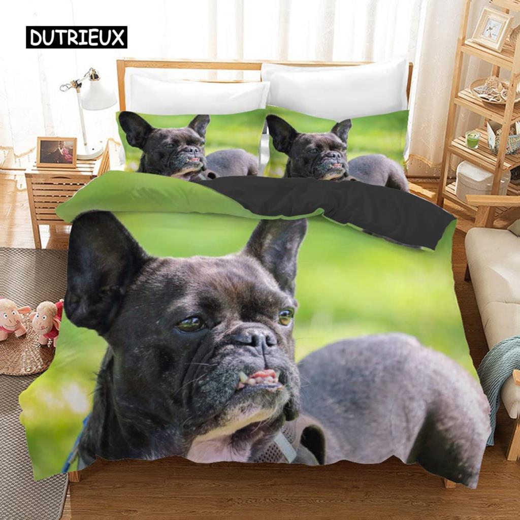 Bulldog Duvet Cover Set Polyester Bulldog Twin Bedding Set Black and White Style Animal Theme Double Queen King Size Quilt Cover
