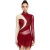 Women‘s Sparkly Rhinestone Leotard Dress Sheer Mesh Long Sleeve Mock Neck Color Blocking Asymmetrical Hem for Figure Skating Latin Performance