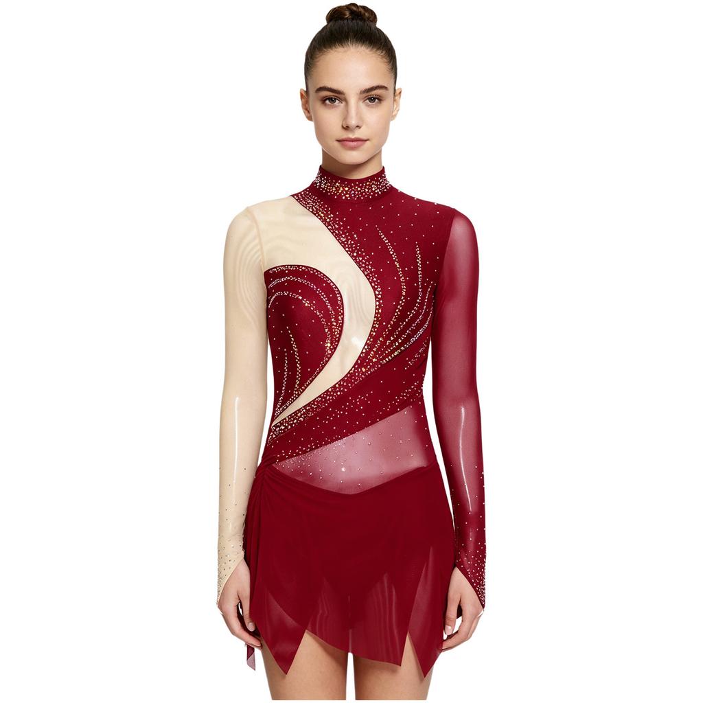 Women‘s Sparkly Rhinestone Leotard Dress Sheer Mesh Long Sleeve Mock Neck Color Blocking Asymmetrical Hem for Figure Skating Latin Performance