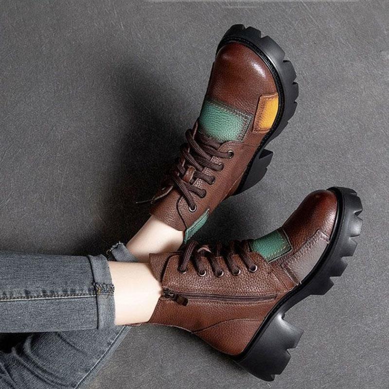 Thick-heeled Boots Women's Spring and Autumn Soft Leather Color Short Boots High-heeled Waterproof Platform Retro Single Boot