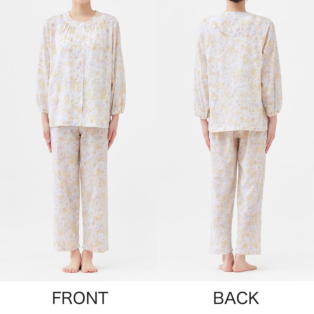 Gunze Long Sleeve Pajamas with Elastic Sleeve and Leg Mini Soraha Sax Women's Holes, 100% Cotton, Moisture-Wicking, Quick-Drying, Print,