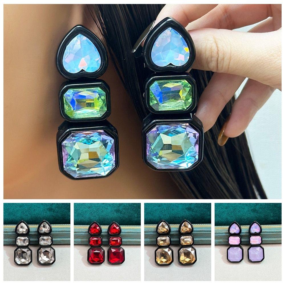 Colorful Shiny Rhinestone Earrings Resin Heart Shape Ear Jewelry Geometric Square Studs Gift