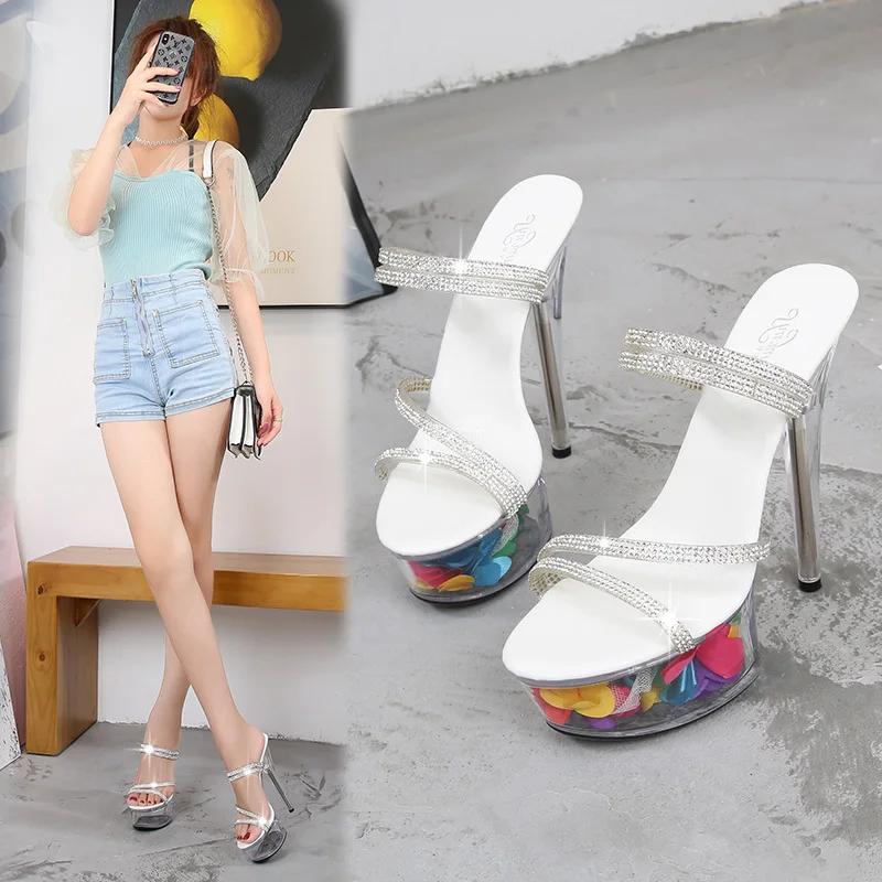34-43 размер сексуальные туфли на высоком каблуке 13см15см тонкий каблук водонепроницаемые сандалии на платформе прозрачные хрустальные туфли свадебные туфли женские тапочки