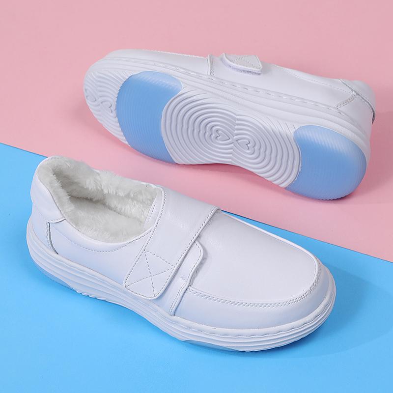 Женские мокасины на платформе, туфли для медсестер, женские зимние теплые меховые туфли, повседневные белые кожаные туфли для мам