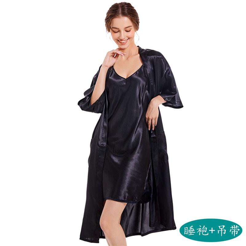 Женская домашняя одежда весна-осень средней длины, однотонная одежда для отдыха, сексуальный халат с V-образным вырезом, комплект из двух предметов, пижамная одежда из ледяного шелка