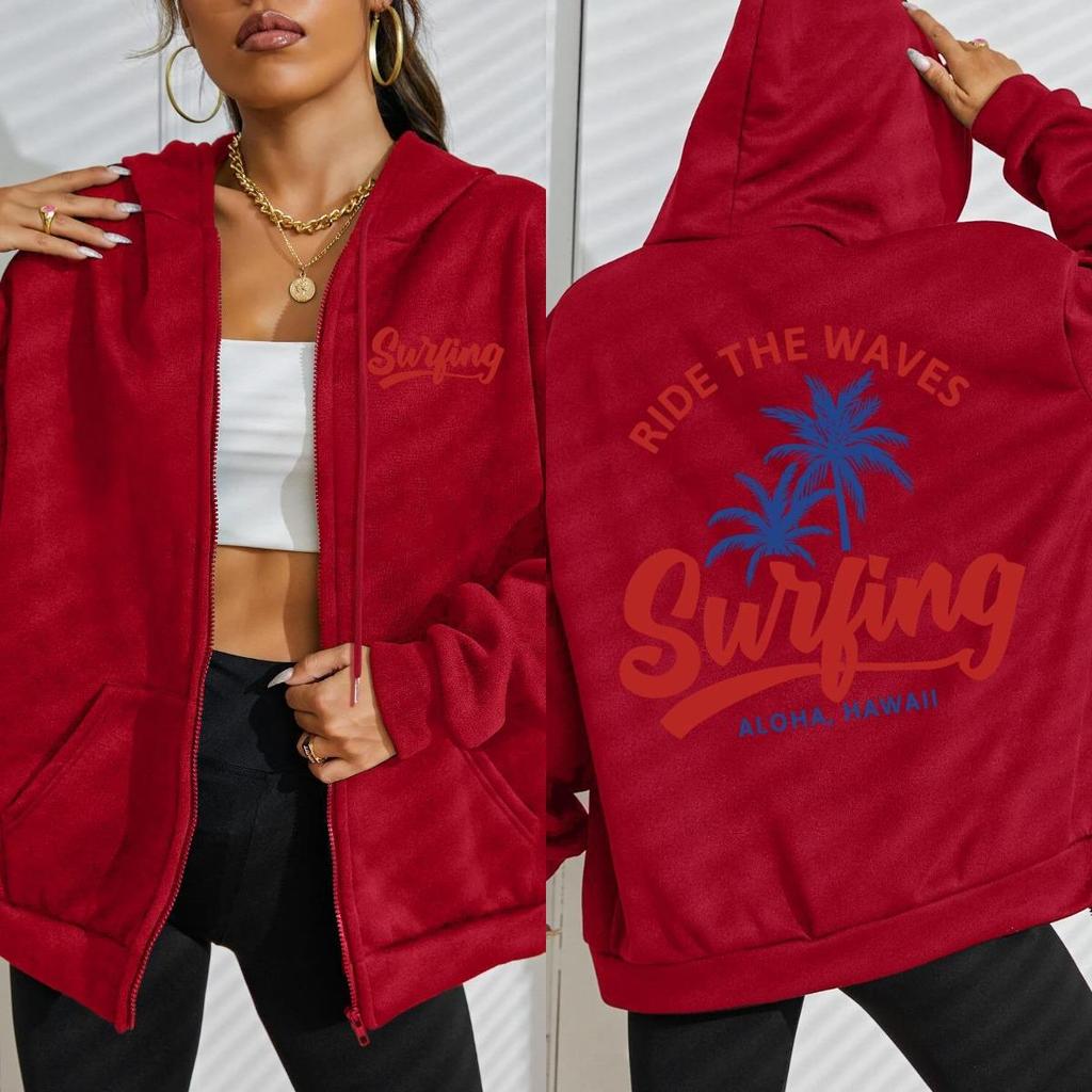 Ride The Waves Surfing Aloha Hawaii Coconut Tree Print Women Zipper Hoodie Y2K Loose Hoody Sportswear Autumn Fleece Top